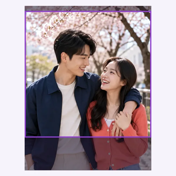 A tall photo of a couple with a purple 4x4 square crop frame placed over their faces
