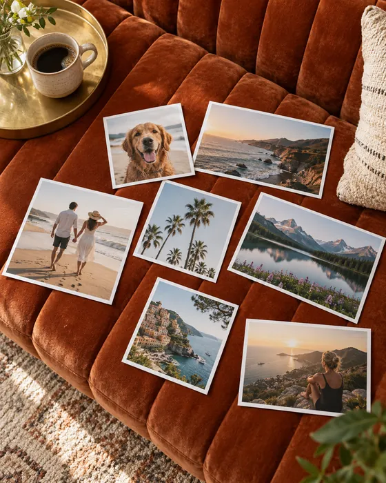 Square 4x4 prints and rectangular 4x6 prints scattered on a rust-colored sofa