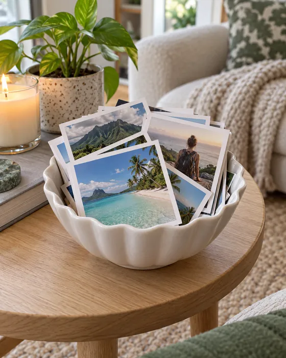 A pile of square 4x4 photo prints in a white scalloped bowl on a side table