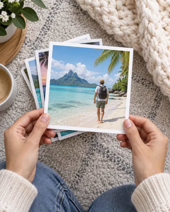 4x4 photo size example: a hand holding a small stack of square 4x4 prints