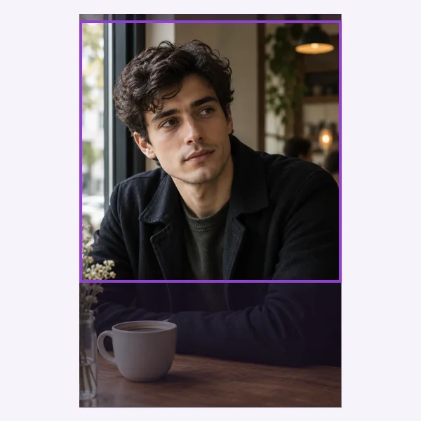 A tall portrait photo with a purple 8x8 square crop frame placed over the face