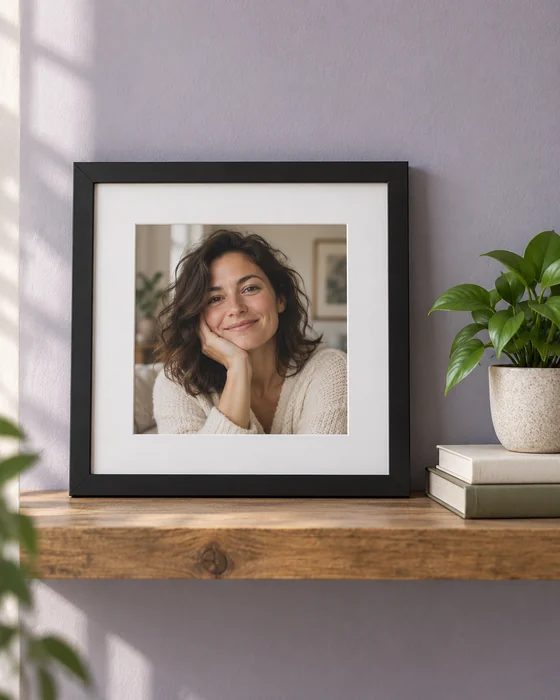 A single framed 8x8 square print with a white mat leaning on a shelf next to a plant