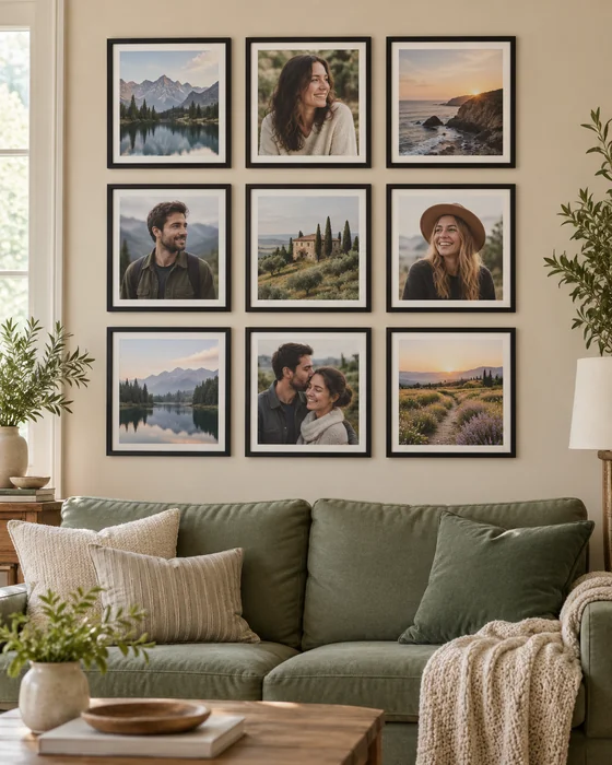 Nine framed 8x8 square prints hung in a neat three-by-three grid above a sofa