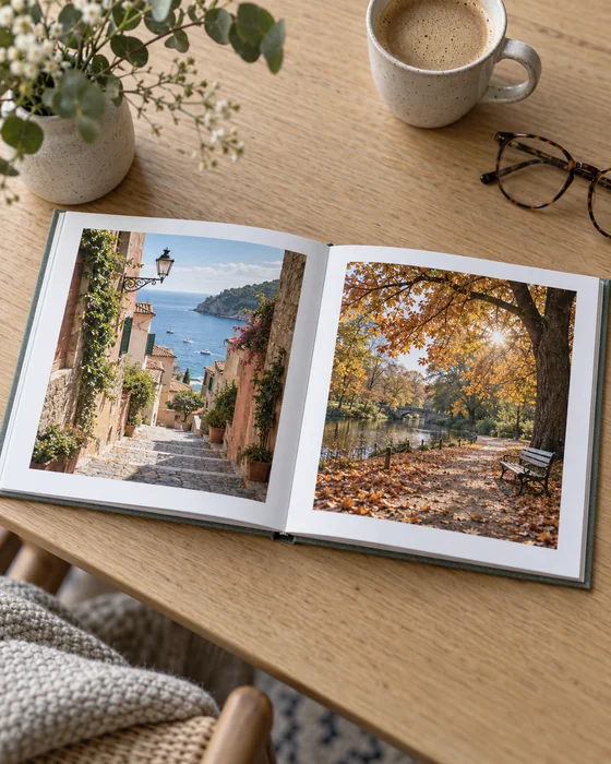 8x8 photo size example: an open square 8x8 photo book of travel photos on a wooden table