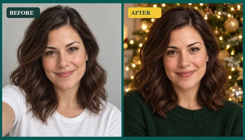 Before and after: a plain selfie turned into a festive AI Christmas portrait by a tree