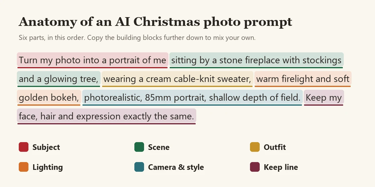 AI prompt for Christmas photo edits broken into six colored parts: subject, scene, outfit, lighting, camera and style, keep line