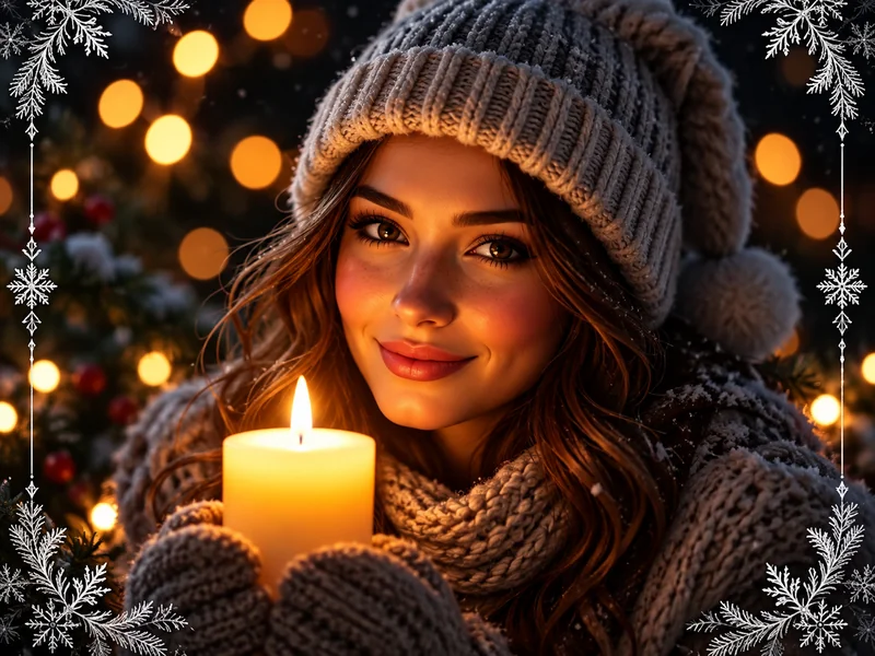 Close-up of a woman in a knit beanie holding a candle with warm Christmas bokeh