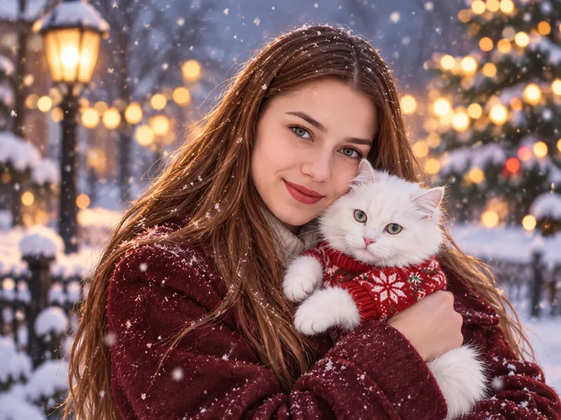 Young woman holding a white cat in a red Christmas sweater in falling snow