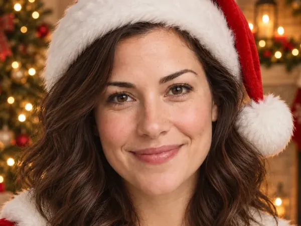 Woman in a red Santa suit and Santa hat in front of Christmas tree lights