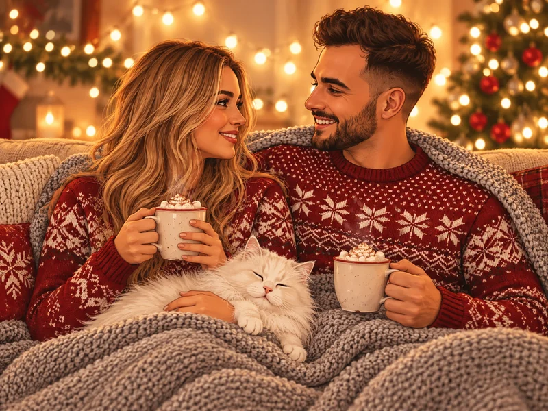 Couple in red Christmas sweaters holding cocoa mugs under string lights