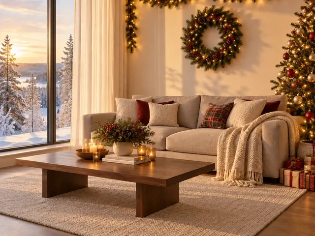 Ideas for Christmas backdrop: bright living room with a decorated tree, wreath and snowy window