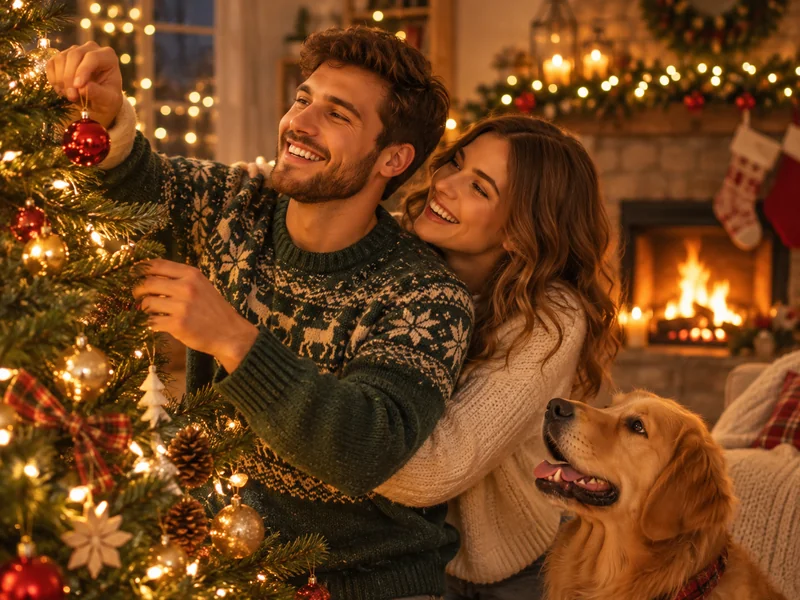 Smiling couple hanging ornaments on a Christmas tree together