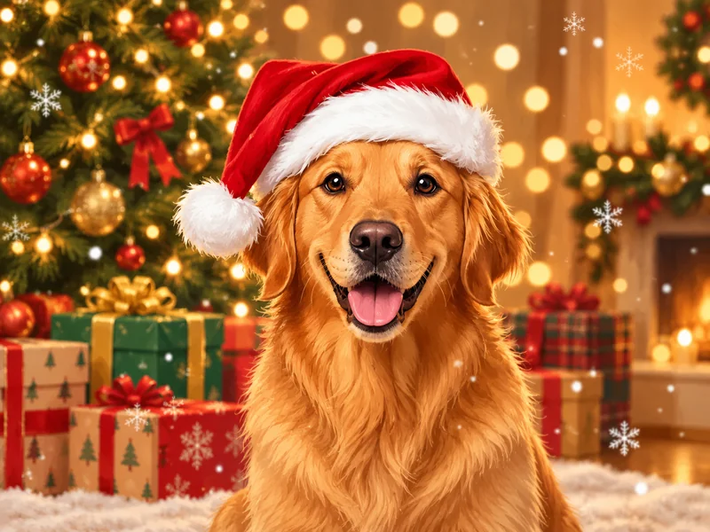 Golden retriever wearing a red Santa hat in front of Christmas lights and gifts