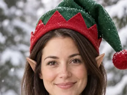 Woman with an elf hat and pointed elf ears in front of snowy pine trees