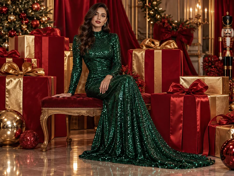 Model in an emerald sequin gown seated among wrapped Christmas gift boxes