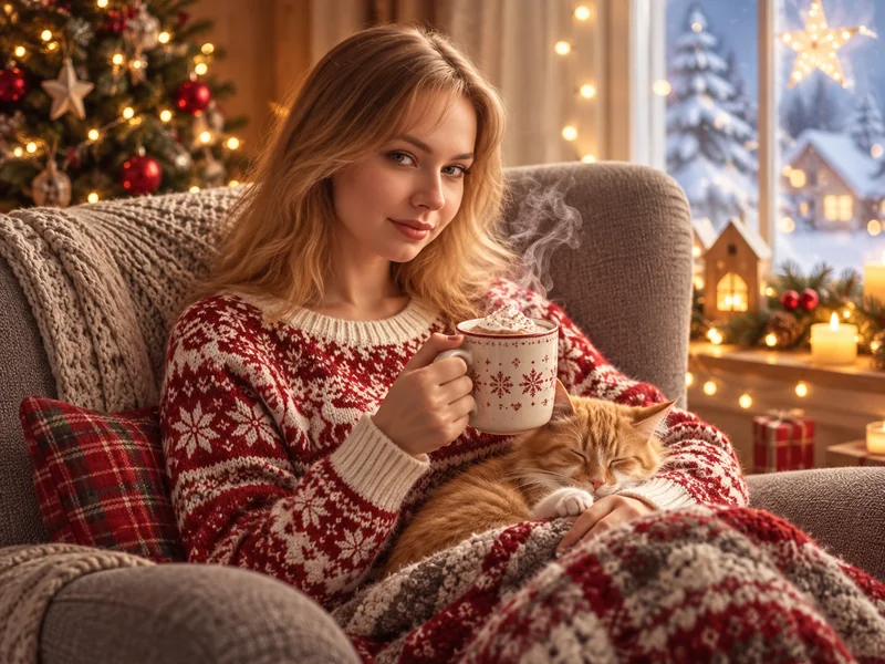 Young woman in a red Fair Isle sweater holding a mug of cocoa in an armchair