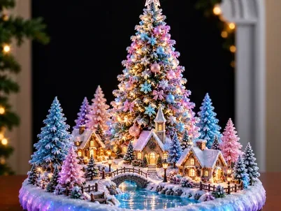 Glowing pastel Christmas tree rising from a miniature fairy-tale village