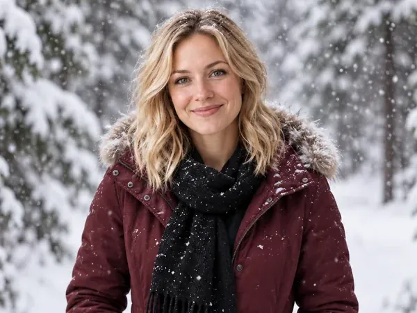 Woman in a burgundy winter coat on a snowy forest path with falling snow