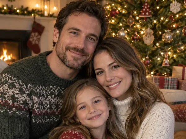 Family of three hugging in cozy sweaters in front of a glowing Christmas tree