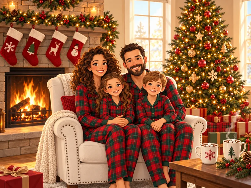Family in matching plaid Christmas pajamas by a fireplace with stockings