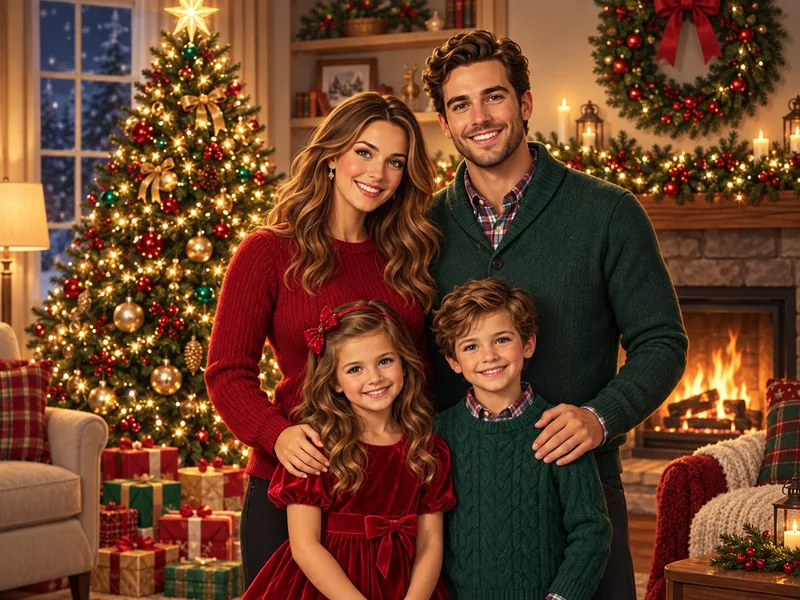 Family of four in red and green outfits posing by a Christmas tree and fireplace