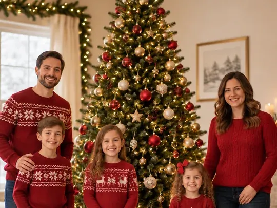 Family of five in matching red sweaters standing beside a decorated Christmas tree