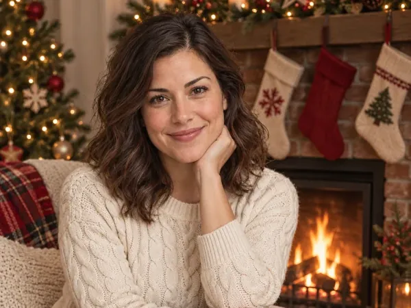 AI Christmas photo prompt result: woman in a cream cable-knit sweater by a fireplace with stockings
