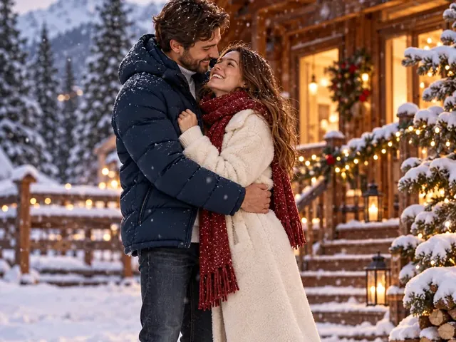 Couple embracing in the snow outside a log cabin with Christmas lights, a still for a Christmas video prompt