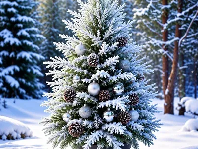 Snow-frosted pine tree with silver baubles in a snowy forest clearing