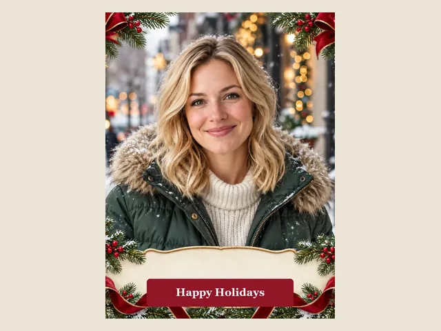 Holiday photo card with a pine and red ribbon border and a Happy Holidays banner