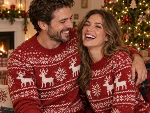 Couple laughing in matching red reindeer Christmas sweaters by a tree