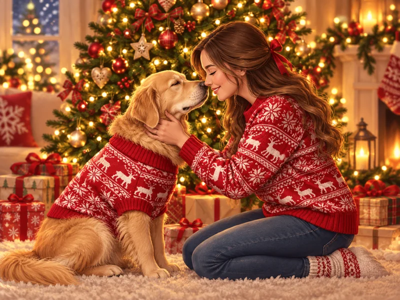 Woman and golden retriever in matching red reindeer sweaters by a Christmas tree