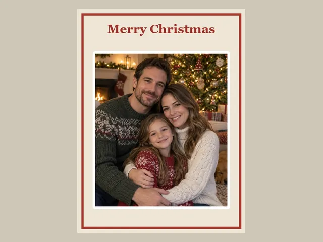 Merry Christmas photo card with a red border and a family portrait by the tree