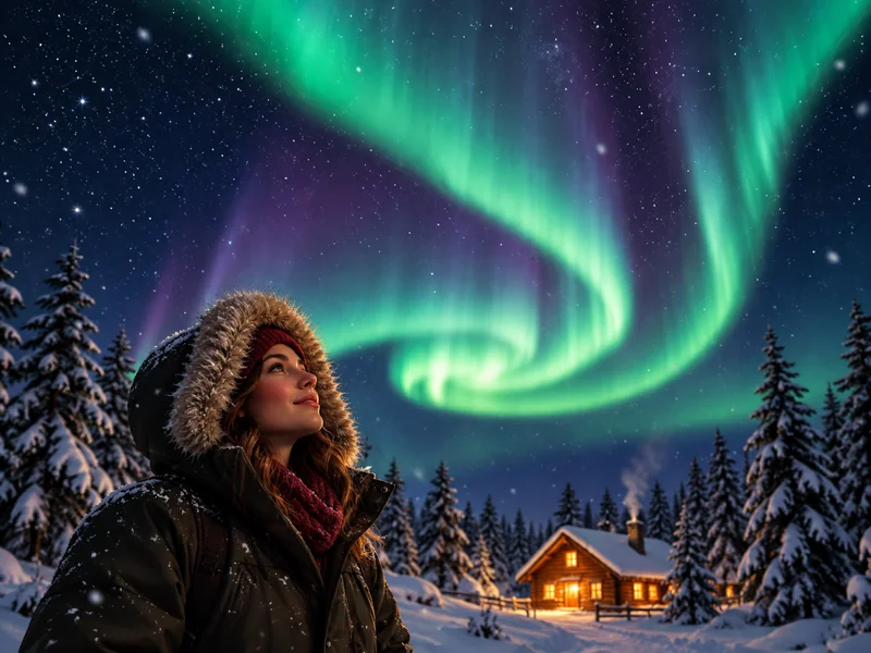 Person in a parka watching green northern lights over a snowy cabin at night