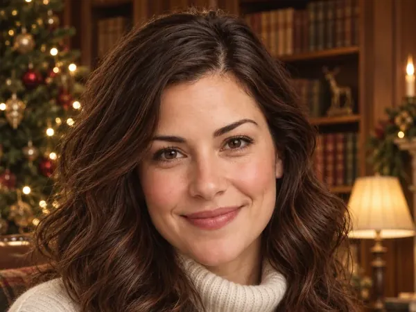 Old money Christmas portrait of a woman in a turtleneck and tartan scarf in a library