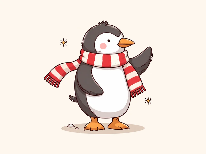 Cute Christmas drawing of a penguin in a striped scarf waving