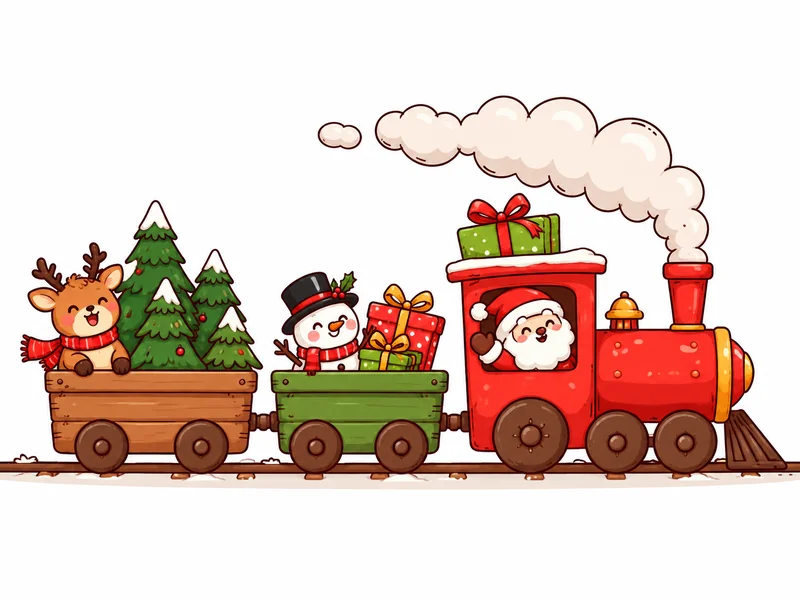 Simple drawing of a red Christmas toy train carrying pine trees and a gift