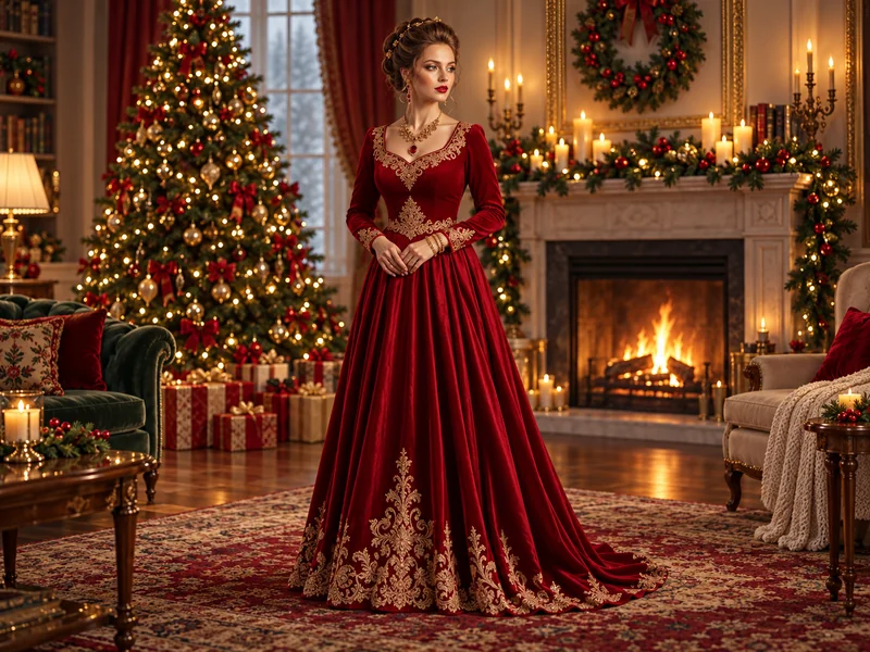 Woman in a red velvet gown standing in an elegant room with a Christmas tree