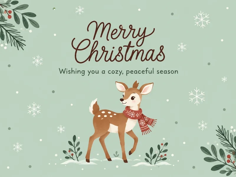 Minimal sage green Christmas card illustration with a cute fawn and snowflakes