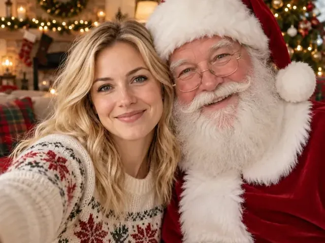 Woman taking a selfie with Santa Claus by a lit Christmas tree, a still for a Christmas video