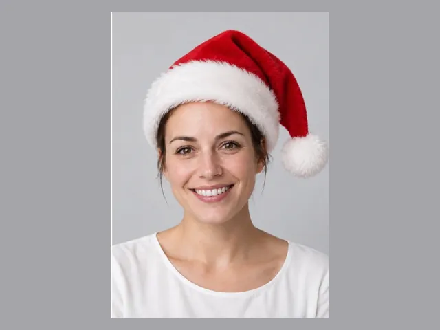 Smiling woman wearing a red Santa hat with a pom-pom on a plain gray background