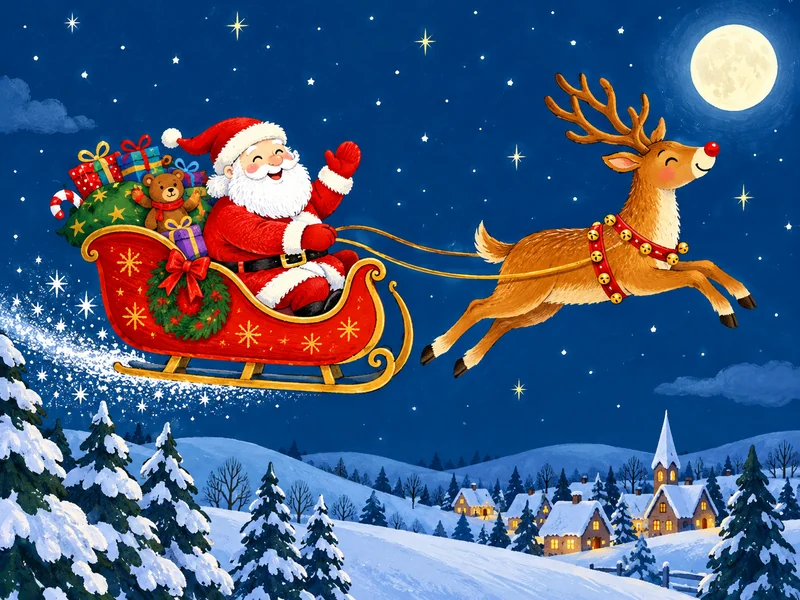 Illustration of Santa in a red sleigh pulled by a reindeer across a blue night sky