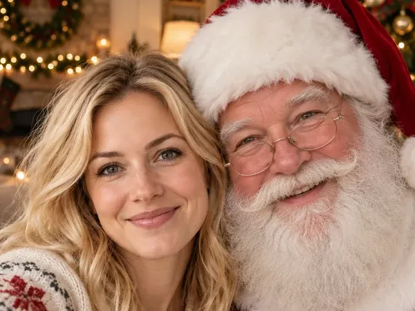 Smiling woman taking a selfie with Santa Claus in a decorated living room
