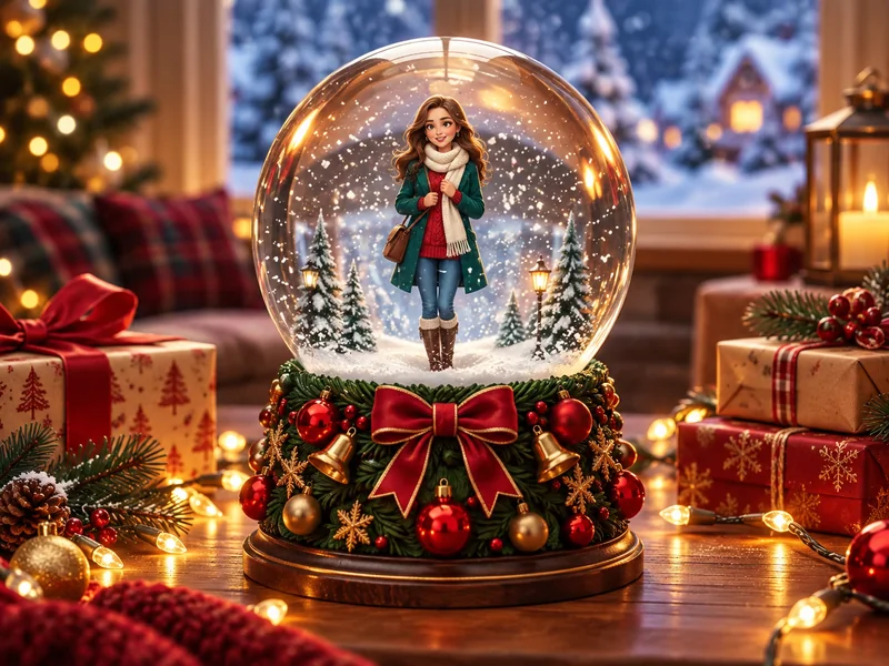 Tiny woman in a green coat inside a Christmas snow globe on a table with gifts