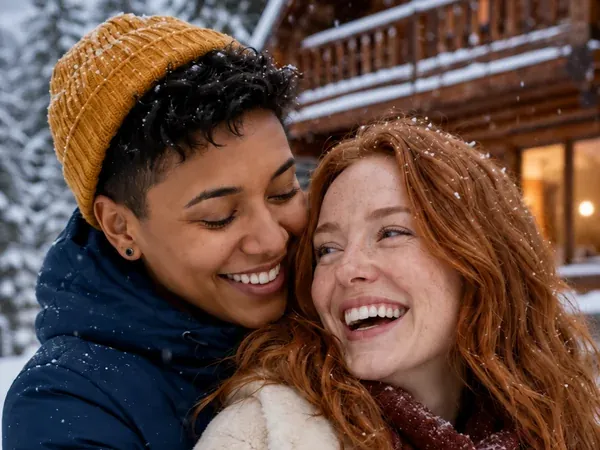 Two people hugging and laughing in falling snow outside a wooden cabin
