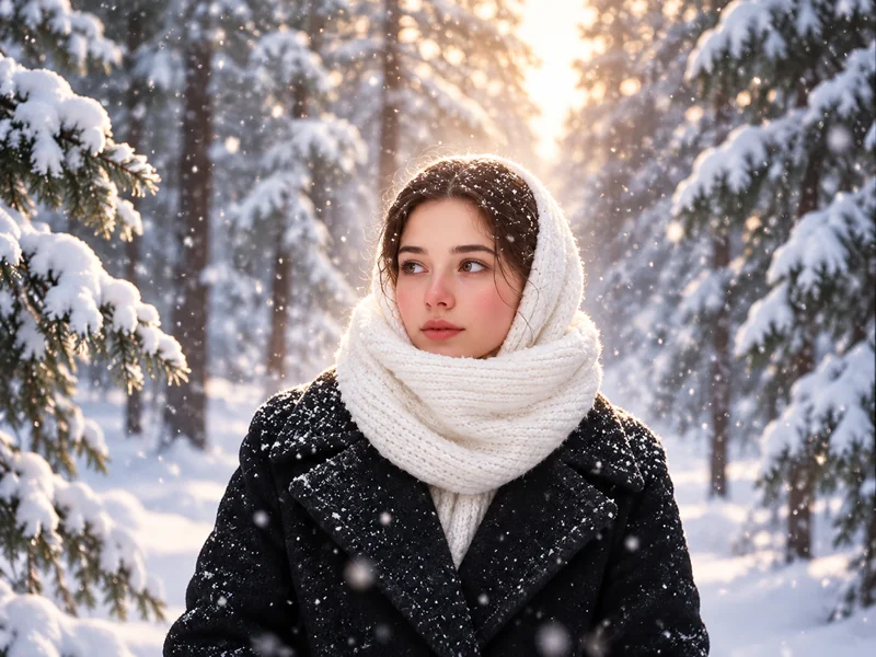 Woman in a black coat and white scarf standing in a snowy pine forest