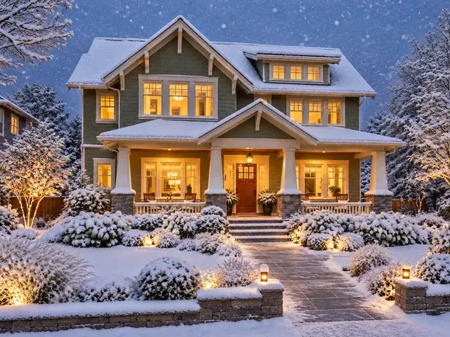 Snow-covered craftsman house at dusk with glowing windows as a Christmas backdrop
