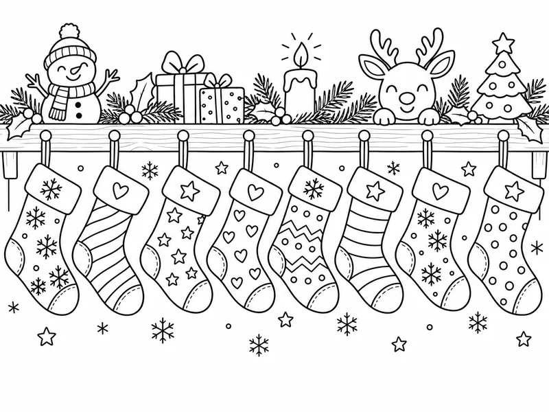 Christmas coloring page of stockings hanging from a mantel in black line art