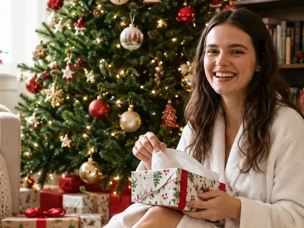 Woman in a white robe unwrapping a gift beside a decorated Christmas tree