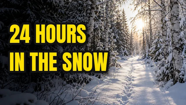 Thumbnail of a snowy forest path with the title 24 HOURS IN THE SNOW in Anton, yellow with a black outline